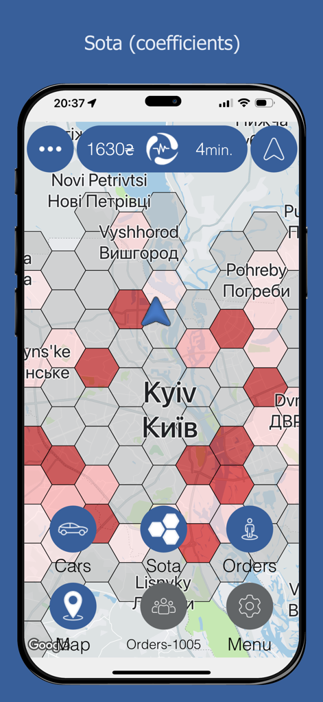 RegSat - Interface do aplicativo móvel RegSat mostrando um mapa de calor de demanda com zonas hexagonais sobre um mapa da cidade para motoristas profissionais