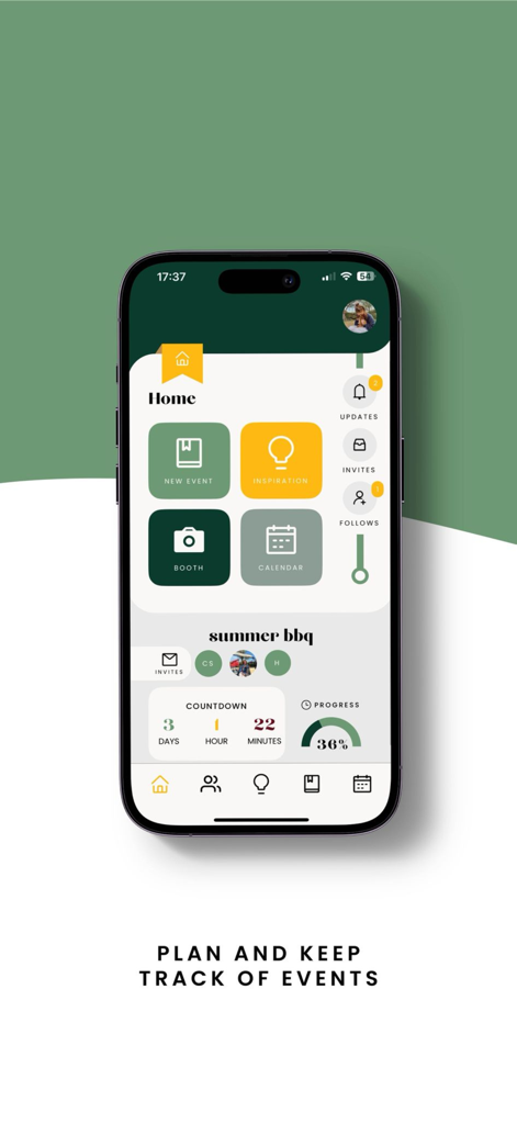 Eventful - The Eventful app home screen featuring a countdown for a summer bbq and event planning shortcuts.
