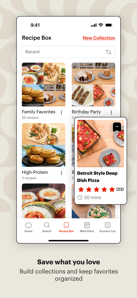 Interfaz de la aplicación Tastemade Cooking que muestra colecciones de recetas organizadas y una receta guardada de pizza estilo Detroit.