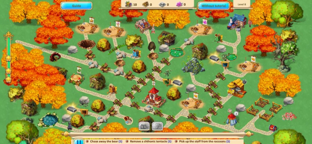 Top down gameplay view of Gnomes Garden 10 featuring resource management tasks in an autumn forest setting.