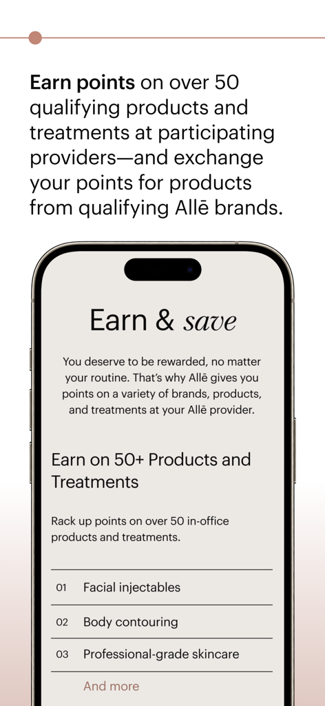 Allē - Alle app interface showing reward points for aesthetic treatments like facial injectables and body contouring