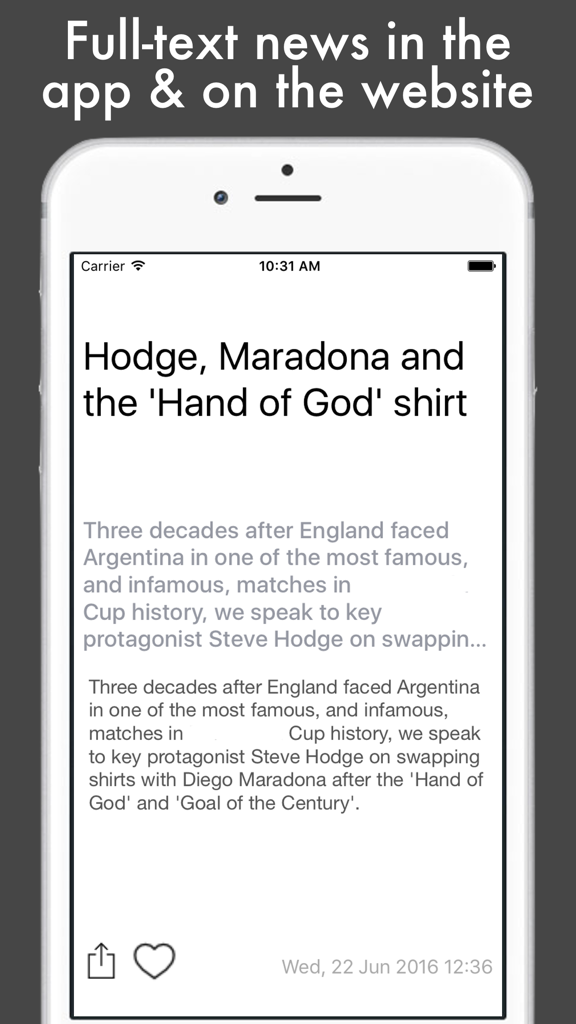 Smartphone screen showing a news article about Diego Maradona in the Football News app