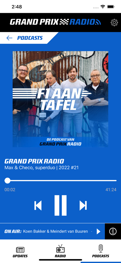 Grand Prix Radio app displaying the F1 Aan Tafel podcast player with playback controls
