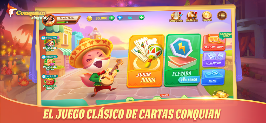 Pantalla del menú principal de ZingPlay Conquian mostrando modos de juego y un personaje zorro con temática mexicana