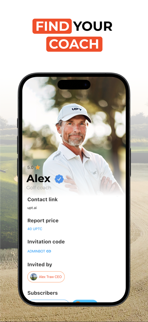 UpT: Your Golf Coach & AI - Una pantalla móvil de la aplicación UpT que muestra el perfil de un entrenador de golf verificado con el encabezado Encuentra tu Entrenador