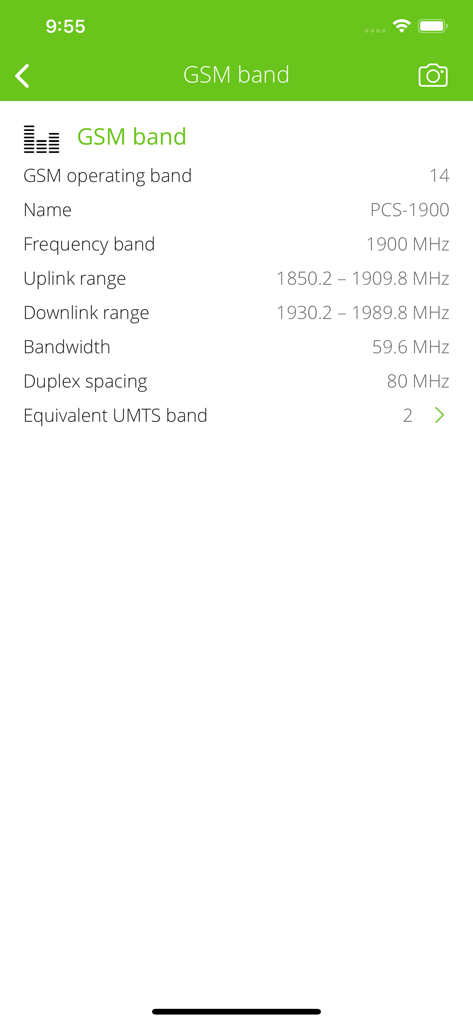 周波数と帯域幅を含むGSMバンドの技術詳細を表示する画面。