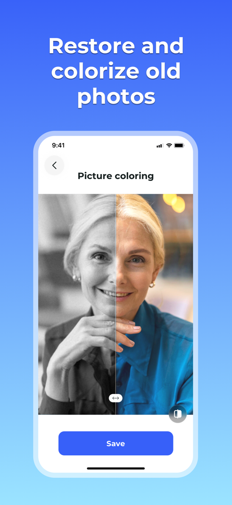 A smartphone screen showing the restore and colorize old photos feature with a split before and after view