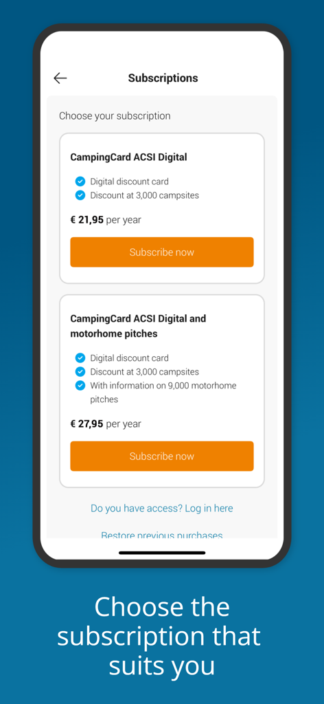 Subscription selection screen for CampingCard ACSI app showing digital discount card and motorhome pitch plans