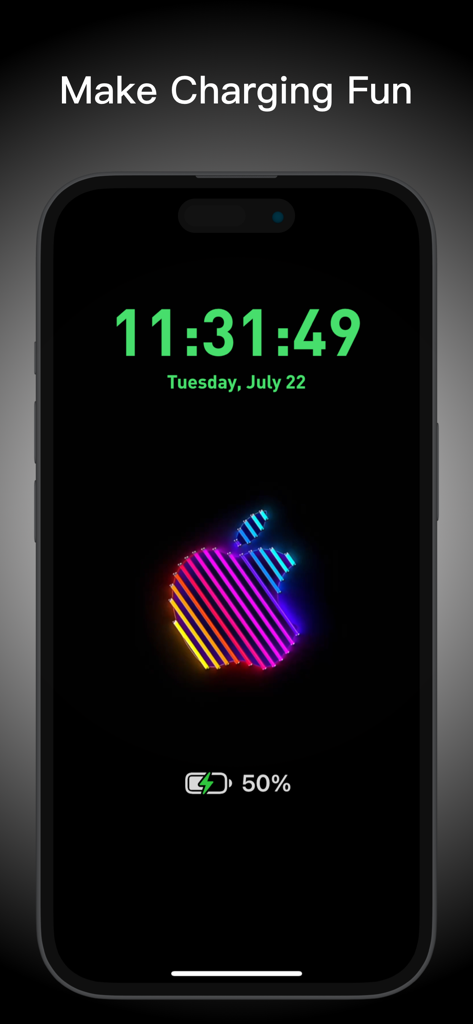 Charging Animation Lite - Uma tela de smartphone exibindo uma animação de carregamento vibrante de logotipo da Apple em listras neon com 50 por cento de bateria