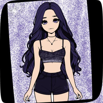 a realistic girl with long hair and in a crop top and shprts