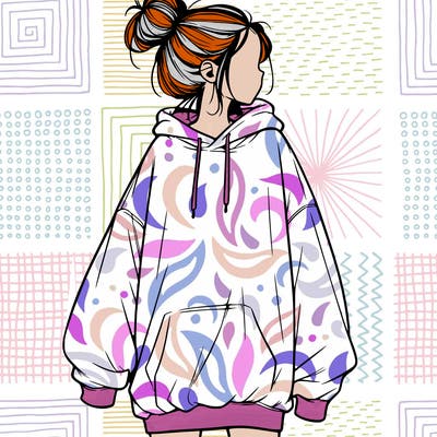 realistic girl with a oversized sweatshirt on and a bun