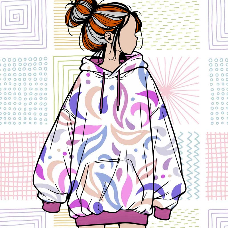 realistic girl with a oversized sweatshirt on and a bun
