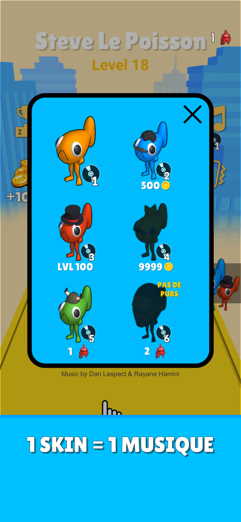 Steve Le Poisson - A selection menu in the Steve Le Poisson game showing different fish skins with arms and legs, each paired with a unique music track.