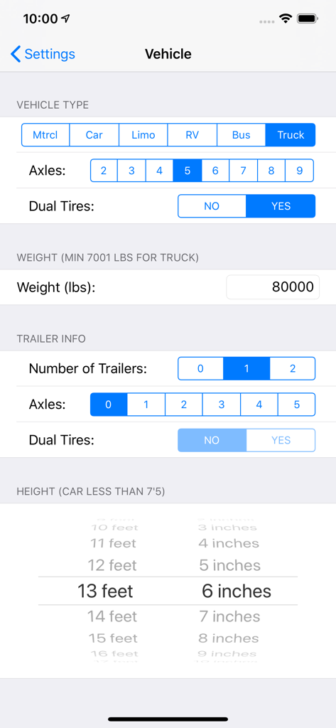 Oberfläche zur Konfiguration von Lkw-Details wie Gewicht, Achsen und Höhe für eine genaue Mautberechnung