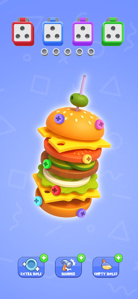 Un puzzle 3D en forme de hamburger avec des vis colorées dans le jeu mobile Cube Unpuzzle