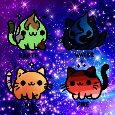 4 cats that represent the different elements, earth, water, air, and fire
