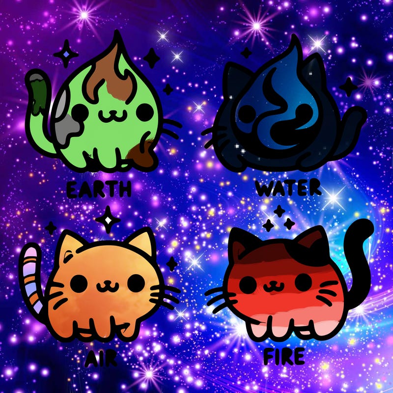 4 cats that represent the different elements, earth, water, air, and fire