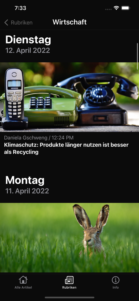 Infosperber - Infosperber news app display showing climate and economy articles