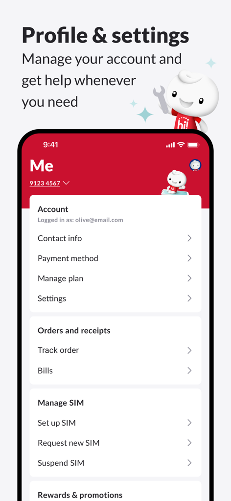 Singtel hi! - Profile and settings screen of the Singtel hi! app showing account and SIM management options.