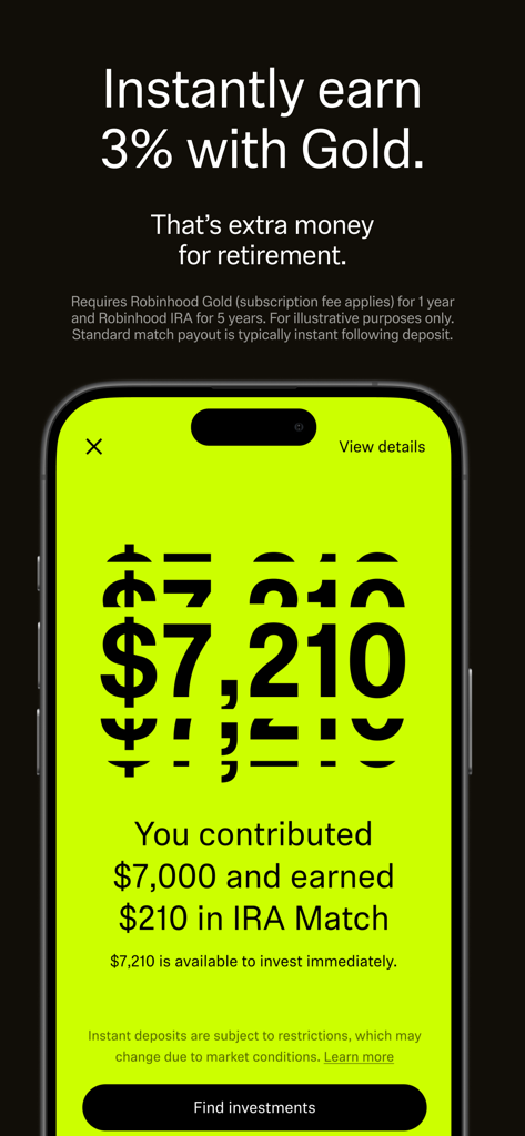 Robinhood Gold app screen promoting a 3 percent IRA match for retirement investing