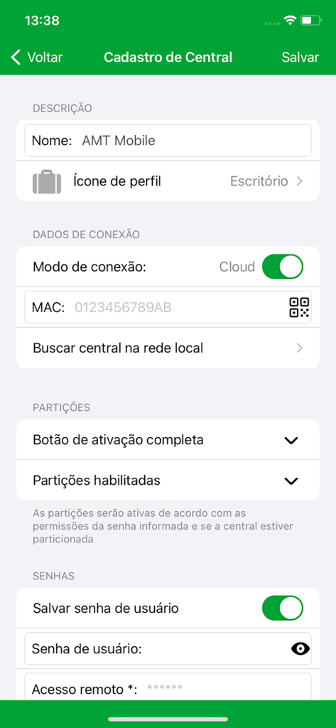 Pantalla de registro y configuración para una central de seguridad en la aplicación AMT Mobile V3.