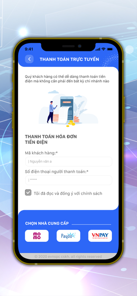 Interfaz de la aplicación CSKH EVNSPC que muestra la pantalla de pago en línea de facturas de electricidad