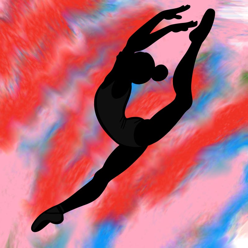 gymnast doing a leap in a leotard with a bent back leg