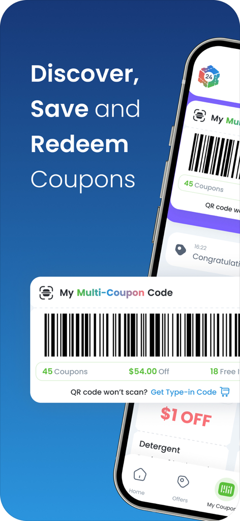 Coupon24 app screen showing a single barcode to redeem multiple coupons at once for fast checkout savings