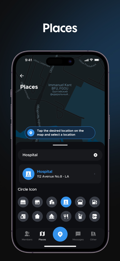 Uma tela de celular mostrando o menu de locais do aplicativo Locary para configurar locais familiares geocencurados em um mapa.