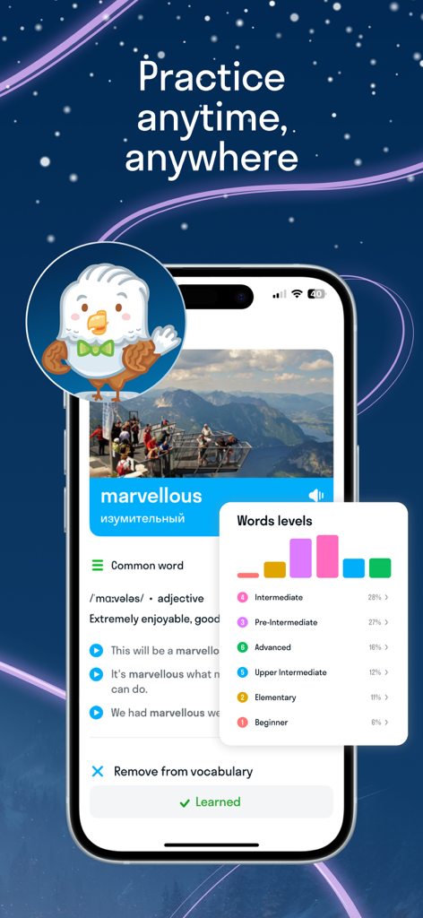 Skyeng: Learn English - Skyeng app interface with vocabulary practice and word proficiency levels
