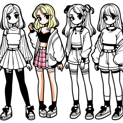 one girl with crop-top shirt and a jacket with a skirt, long socks and another girl with a shirt and pants with a jacket