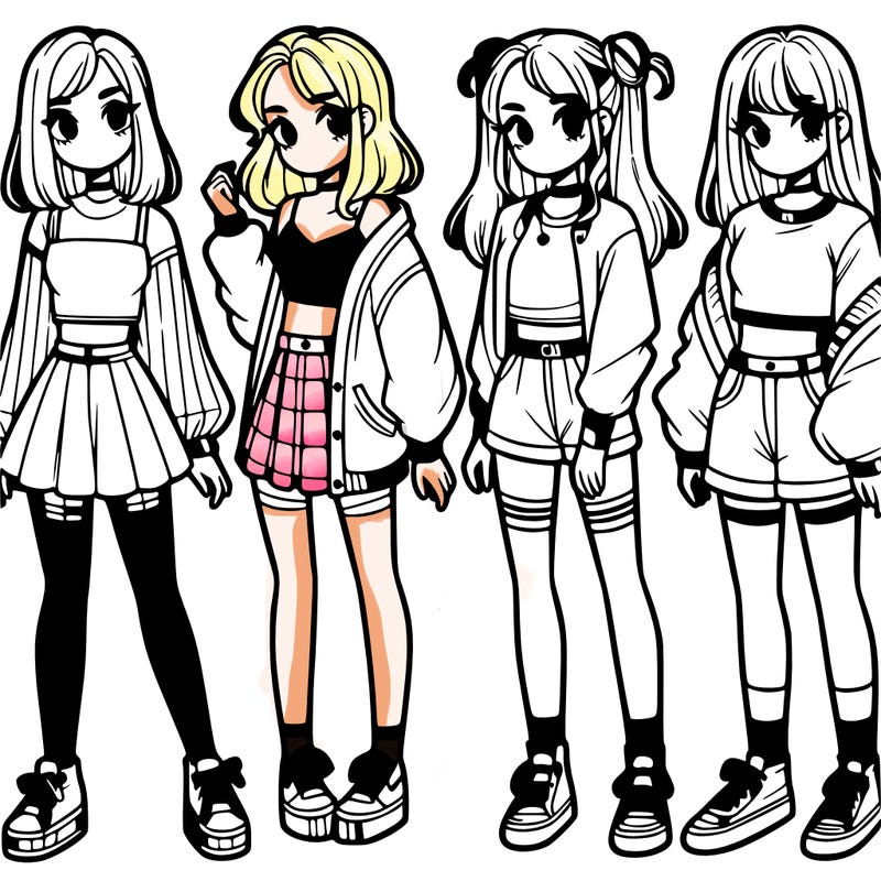 one girl with crop-top shirt and a jacket with a skirt, long socks and another girl with a shirt and pants with a jacket