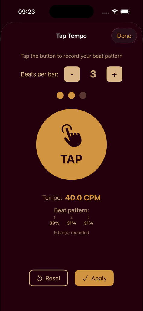 Svev & Sviv Lite - The tap tempo interface of the Svev and Sviv Lite app showing a beat pattern analysis for three beats per bar