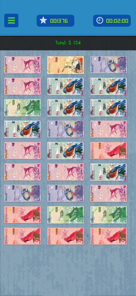 Take Your Money - Interfaz de juego educativo que muestra billetes del dólar de Bermudas para un desafío de conteo de dinero.