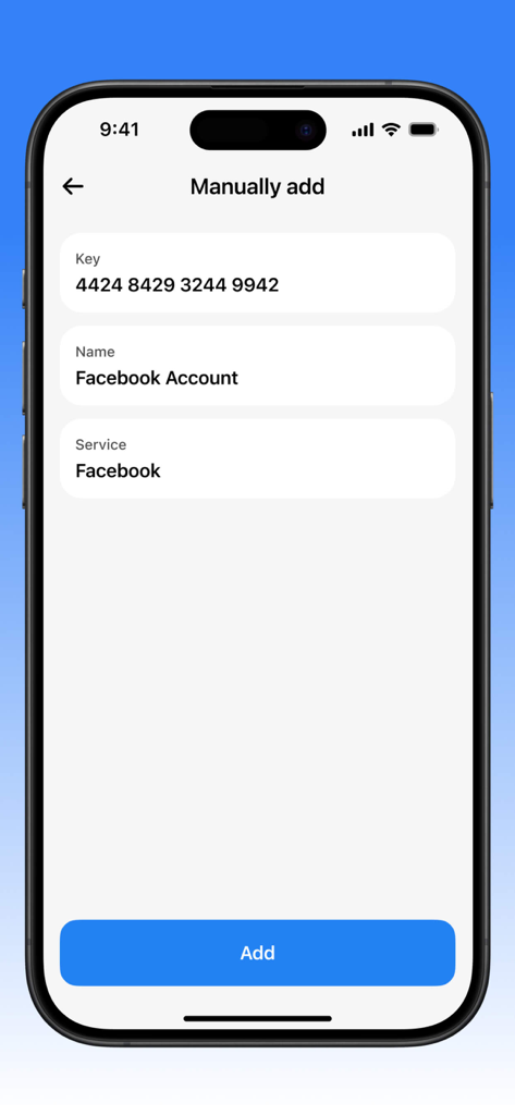 認証アプリでFacebookアカウントにセキュリティキーを手動で追加するためのインターフェース。