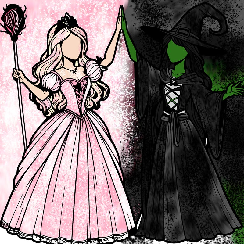 detailed realistic split of a princess and a witch
