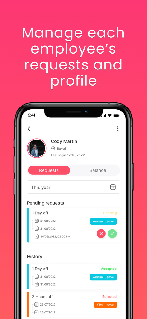 Day Off - Leave Tracker & PTO - Mobile app screen showing an employee profile with pending and historical leave requests for management approval