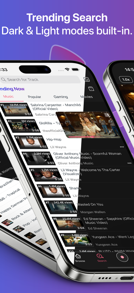 Vanced Tube - Music Player - Interface of Vanced Tube app highlighting trending music search and dark and light mode options
