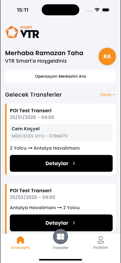 VTR Smart - vtr smart app home screen showing upcoming vehicle transfer details