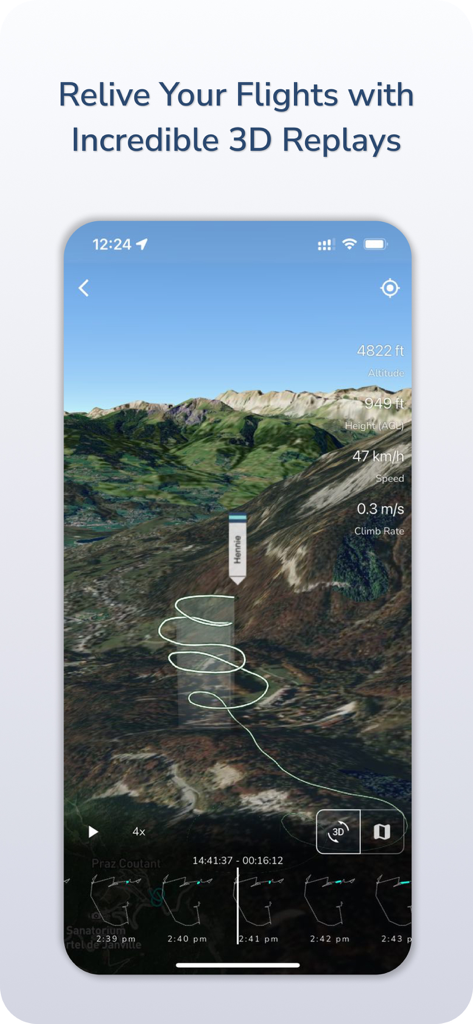 A 3D flight replay in the Gaggle app showing a paragliding track over mountains with altitude and speed data
