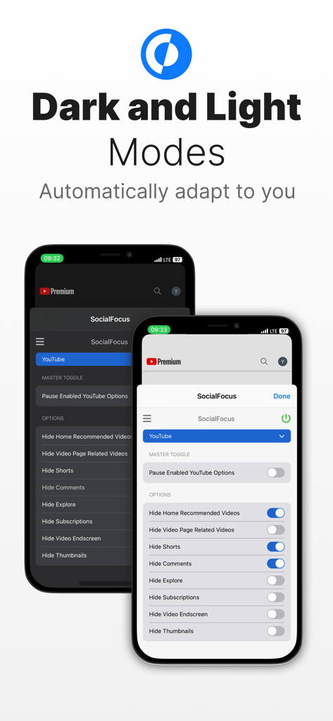 SocialFocus: Hide Distractions - SocialFocus app interface shown in both dark and light modes on iPhone screens for YouTube distraction management