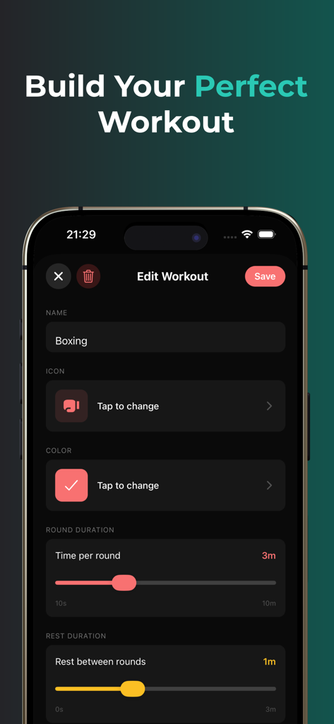 Interfaccia dell'app Boxing Timer che mostra la schermata Modifica Allenamento con durate personalizzabili per round e riposo