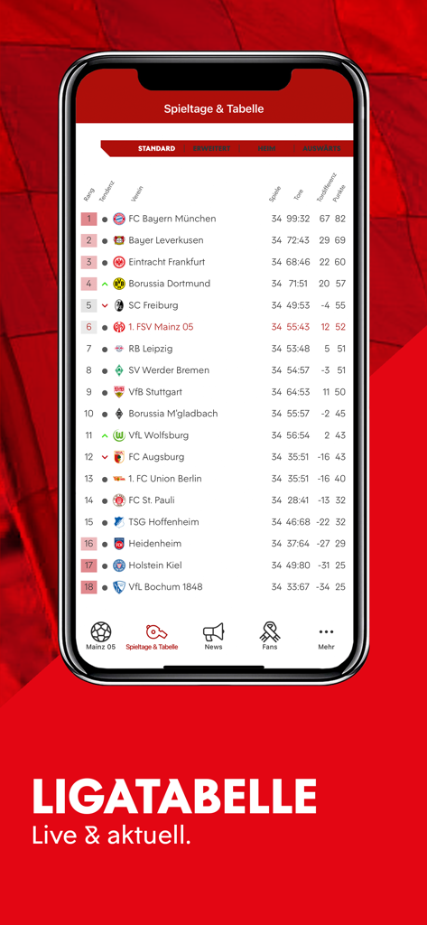 Captura de tela do aplicativo móvel do Mainz 05 mostrando a tabela da Bundesliga ao vivo e a classificação da equipe