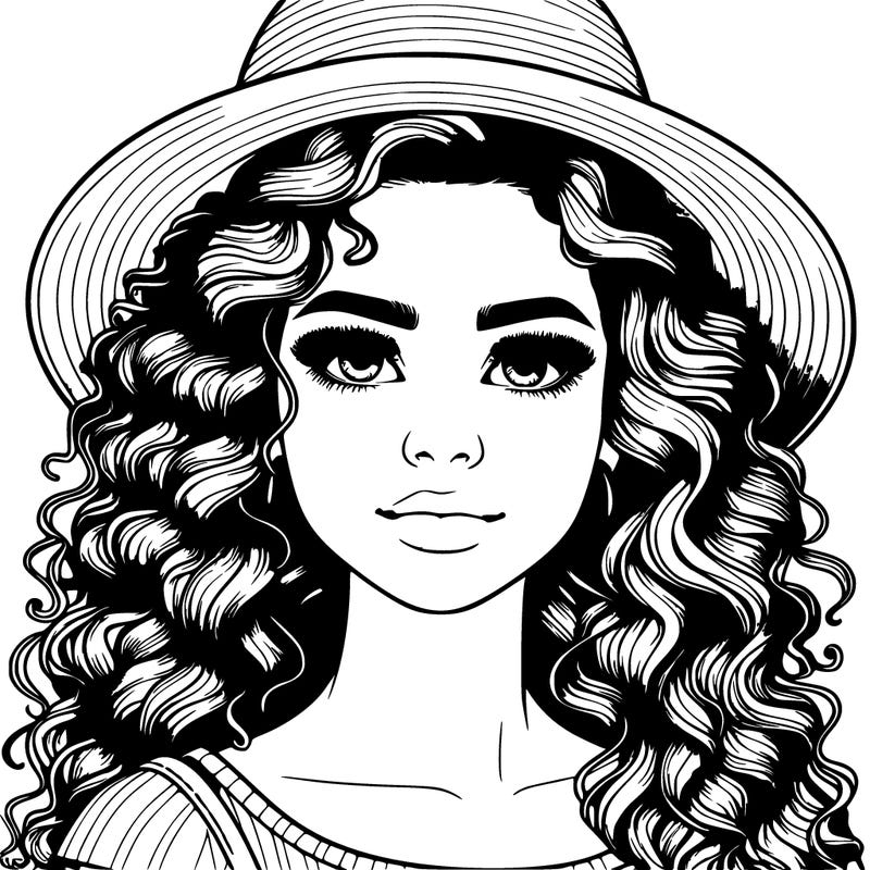 realistic girl with curly hair and a hat
