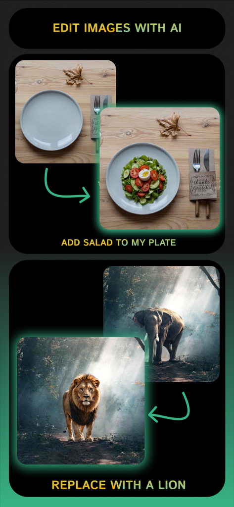 Clever AI Hub - Pro AI Agents - A mobile app interface demonstrating AI image editing features like adding a salad to a plate and replacing an elephant with a lion