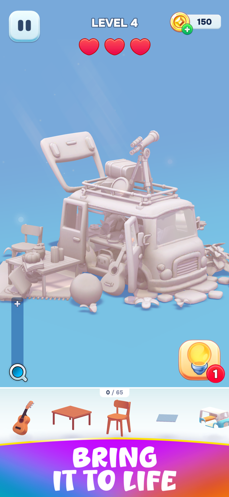 Un nivel de rompecabezas 3D en Decolore con una furgoneta monocromática y accesorios de camping para decorar