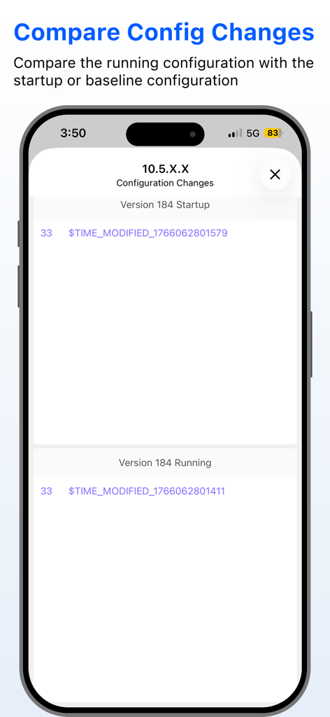 Network Configuration Manager - Screen showing comparison between startup and running network configurations on a mobile device