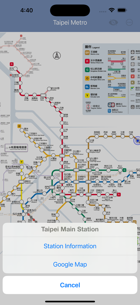 Taiwan MRT - Easy To Travel ! - Mappa della metropolitana di Taipei che mostra il menu informativo della stazione di Taipei Main Station