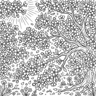 Welcome the day with this enchanting cherry blossoms at sunrise coloring page. Delicate petals and branches fill the scene, inviting you to add vibrant colors to this beautiful moment.