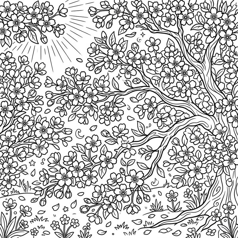Welcome the day with this enchanting cherry blossoms at sunrise coloring page. Delicate petals and branches fill the scene, inviting you to add vibrant colors to this beautiful moment.